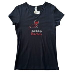 CHRIS’S STUFF Black V-Neck “Drink Up Bitches” Rhinestone T-Shirt Tee Large NWT